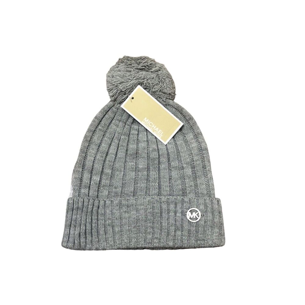 Michael Kors One Size Gray Heather Ribbed Pom-Pom Winter Hat Beanie NWT